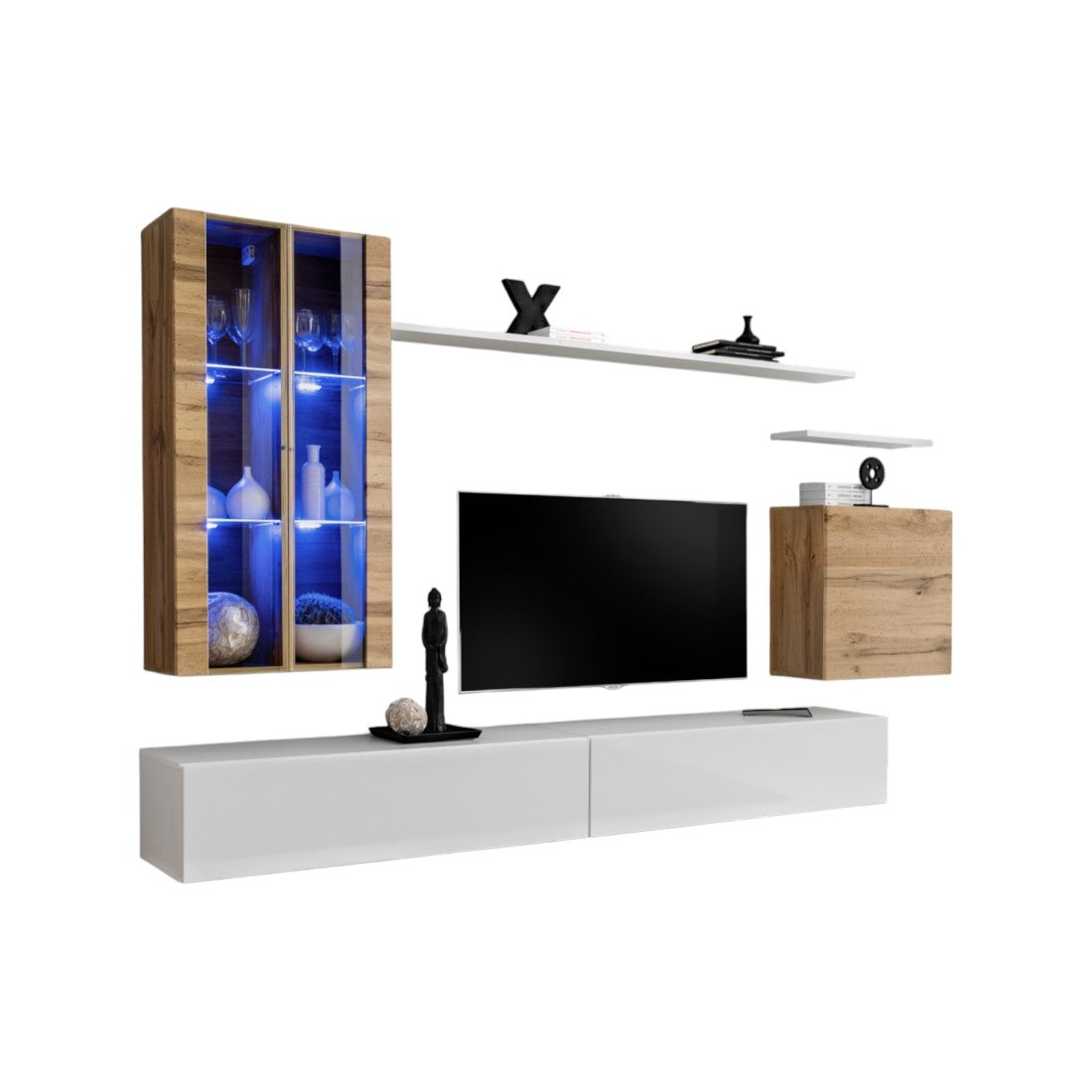 Set di mobili da soggiorno murali SWITCH XII design, colore bianco lucido e rovere Wotan.