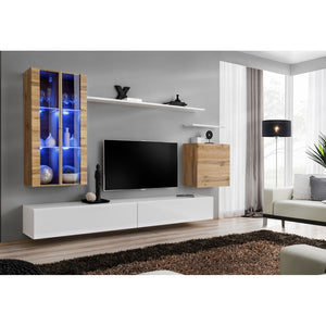 Set di mobili da soggiorno murali SWITCH XII design, colore bianco lucido e rovere Wotan.