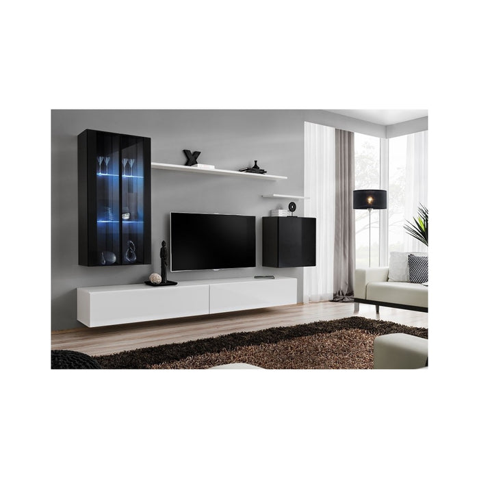 Mobile da soggiorno a parete SWITCH XII design, colori bianco e nero lucido.