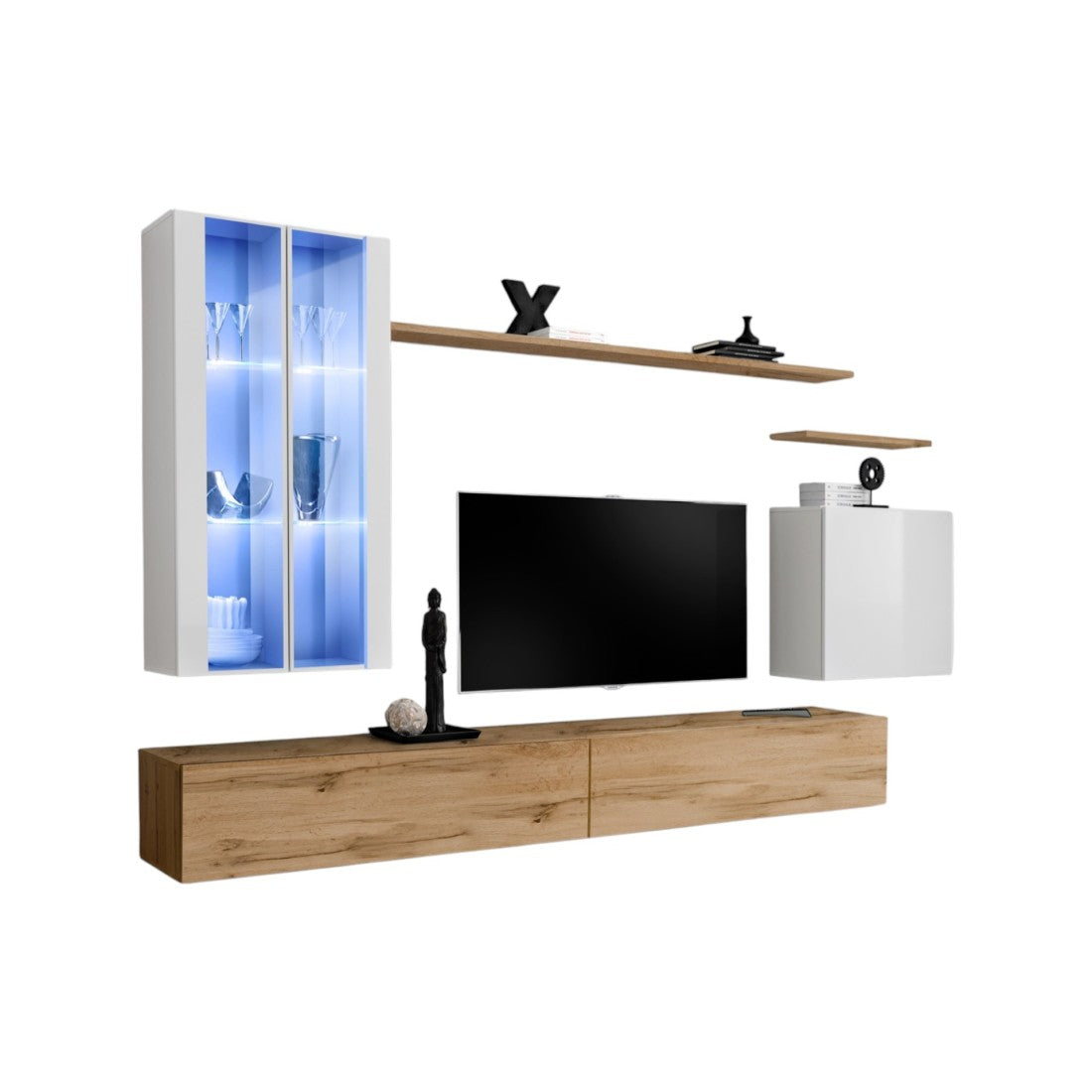 Mobile da soggiorno da parete SWITCH XII design, colore rovere Wotan e bianco lucido.