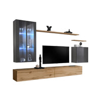 Mobile da soggiorno da parete SWITCH XII design, colore rovere Wotan e grigio lucido.