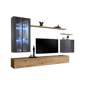 Mobile da soggiorno da parete SWITCH XII design, colore rovere Wotan e grigio lucido.