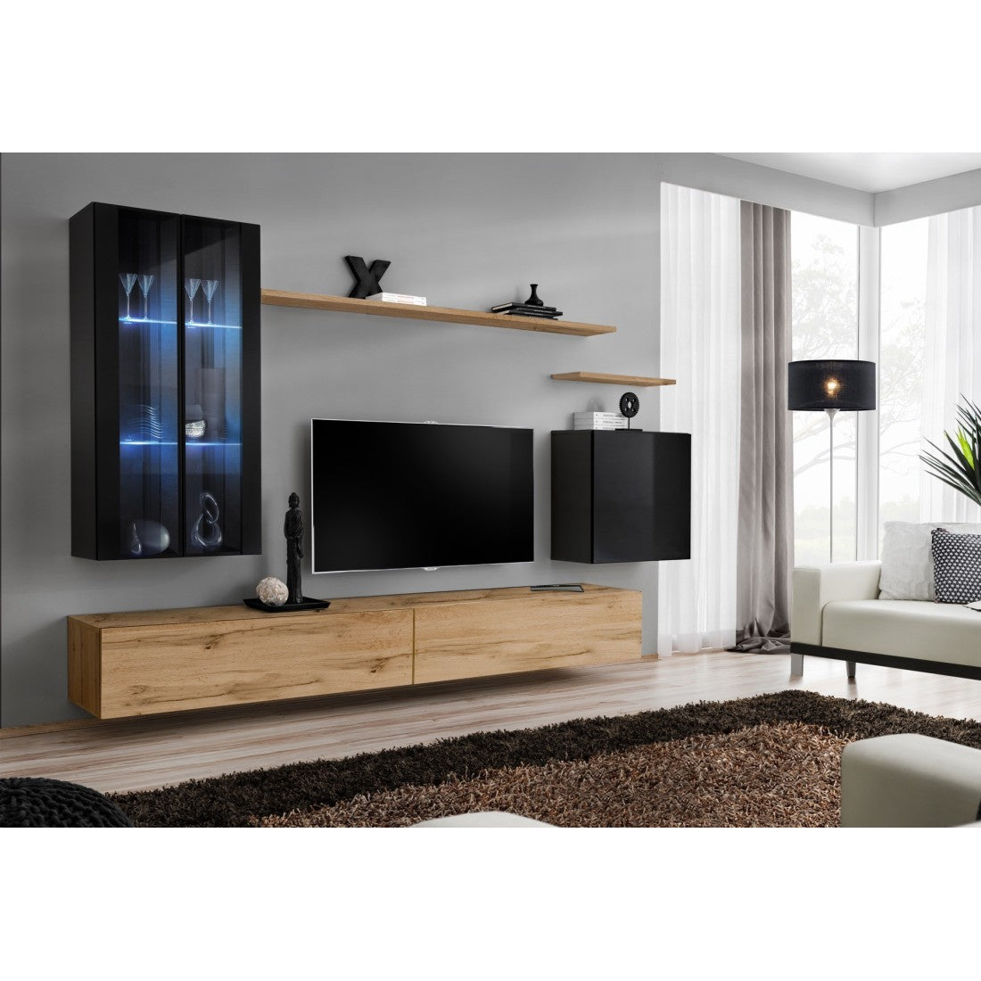 Mobile da salotto da parete SWITCH XII design, colore quercia Wotan e nero lucido.