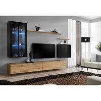 Mobile da salotto da parete SWITCH XII design, colore quercia Wotan e nero lucido.