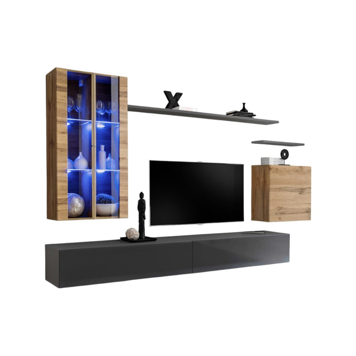 Mobile da soggiorno a parete SWITCH XII design, colore grigio lucido e rovere Wotan.