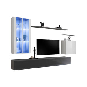 Set di mobili da parete per soggiorno SWITCH XII design, colori grigio e bianco lucido.