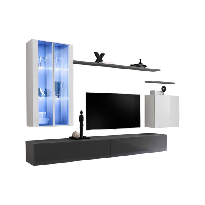 Set di mobili da parete per soggiorno SWITCH XII design, colori grigio e bianco lucido.