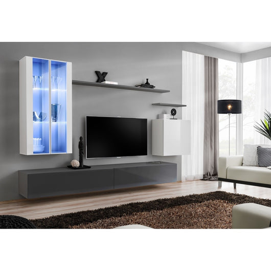 Set di mobili da parete per soggiorno SWITCH XII design, colori grigio e bianco lucido.
