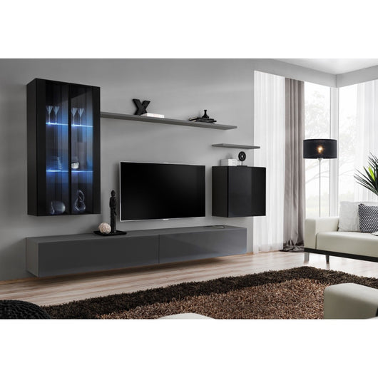 Set di mobili da salotto murali SWITCH XII design, colori grigio e nero lucido.