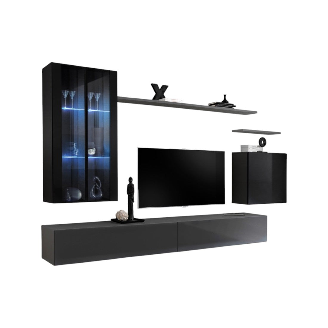 Set di mobili da salotto murali SWITCH XII design, colori grigio e nero lucido.