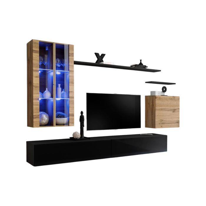 Set di mobili da soggiorno da parete SWITCH XII design, colore nero lucido e rovere Wotan.