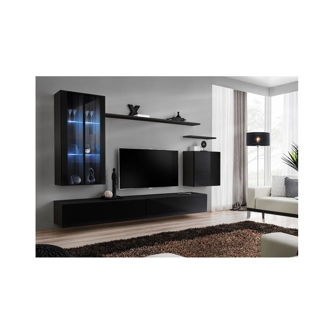 Set mobile da soggiorno da parete SWITCH XII design, colore nero lucido.