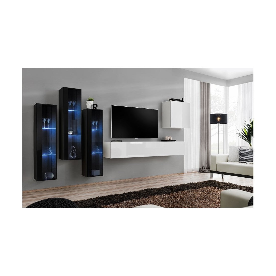 Set di mobili da salotto da parete SWITCH XIII design, colore bianco lucido e nero.