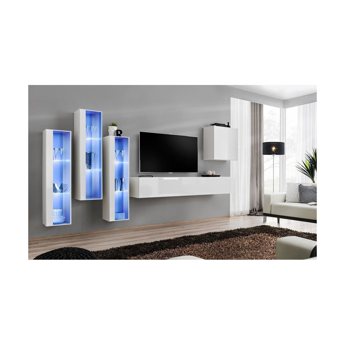 Set di mobili da parete per salotto SWITCH XIII design, colore bianco lucido.