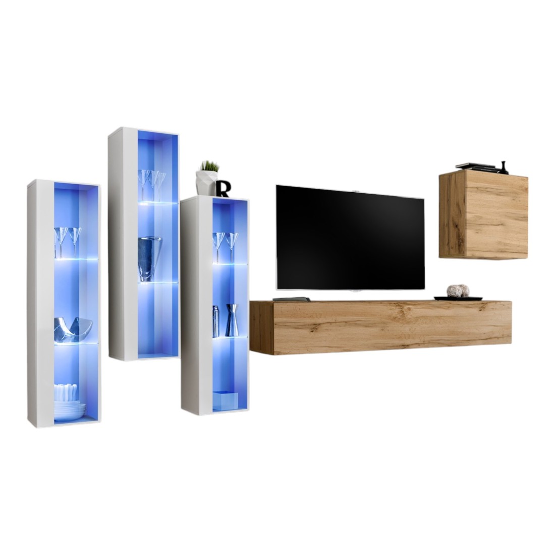 Mobile da soggiorno da parete SWITCH XIII design, colore quercia Wotan e bianco.