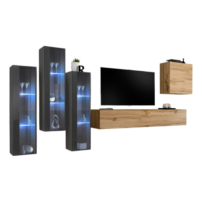 Mobile da soggiorno da parete SWITCH XIII design, colore quercia Wotan e grigio.