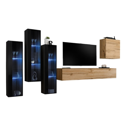 Set di mobili da parete per soggiorno SWITCH XIII design, colori quercia Wotan e nero.