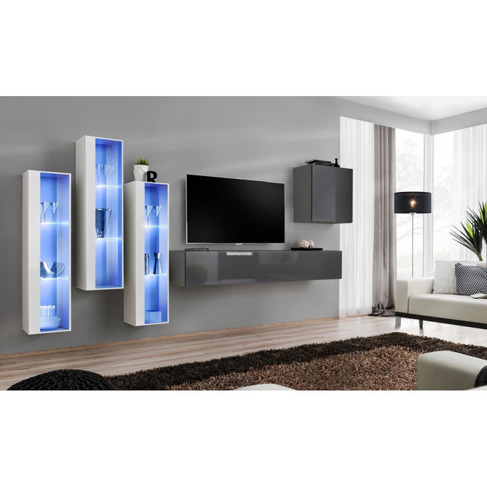 Set di mobili da salotto da parete SWITCH XIII design, colori grigio lucido e bianco.