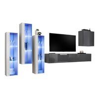 Set di mobili da salotto da parete SWITCH XIII design, colori grigio lucido e bianco.