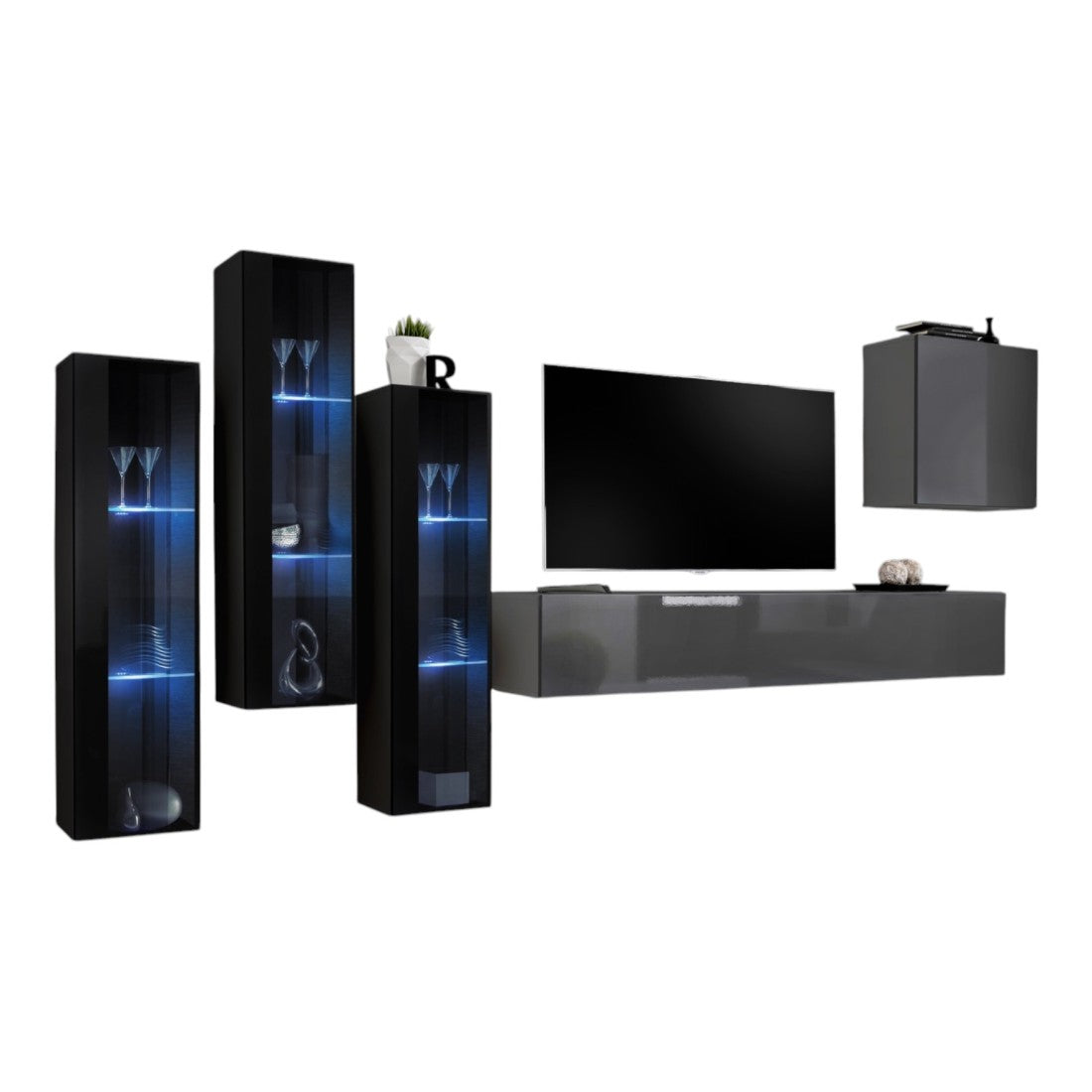 Set di mobili da salotto da parete SWITCH XIII design, colore grigio lucido e nero.