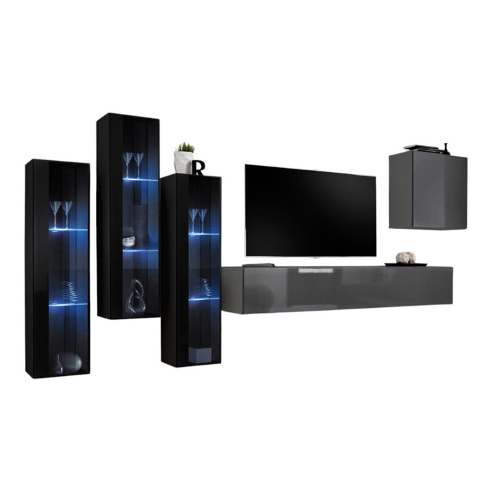 Set di mobili da salotto da parete SWITCH XIII design, colore grigio lucido e nero.