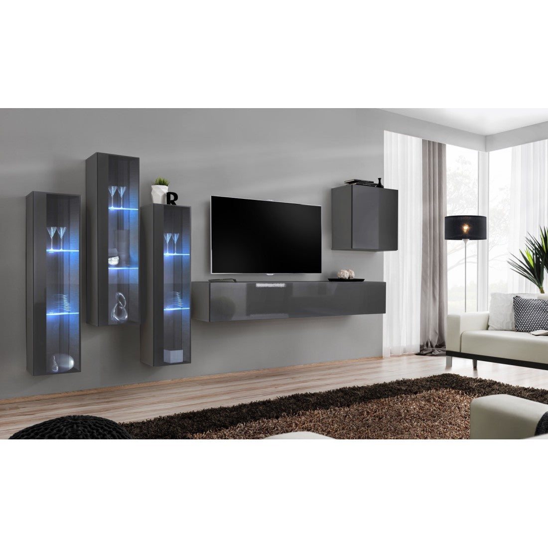 Set mobile da salotto murale SWITCH XIII design, colore grigio lucido.