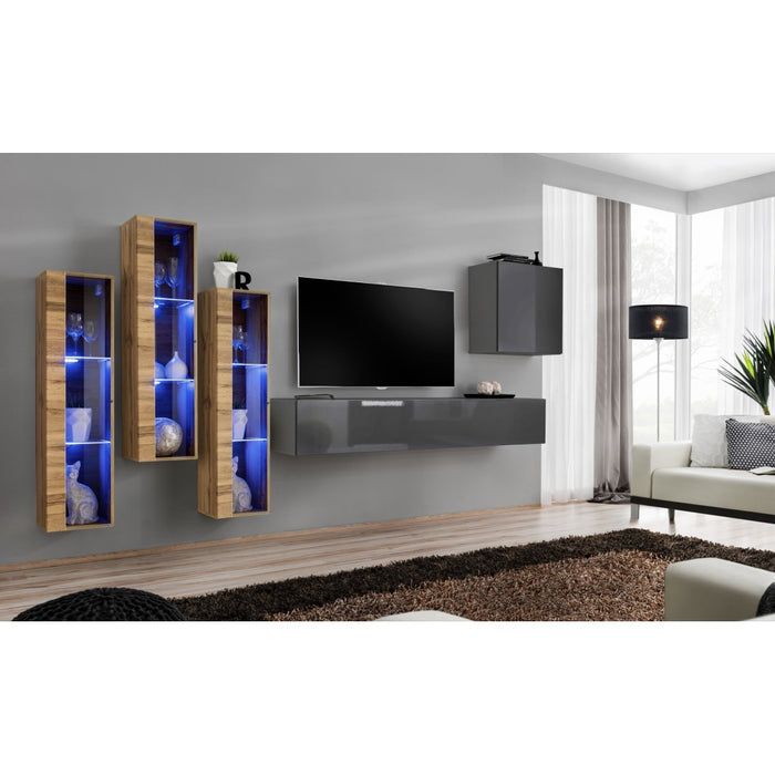 Mobile da soggiorno da parete SWITCH XIII design, colore grigio e rovere Wotan.