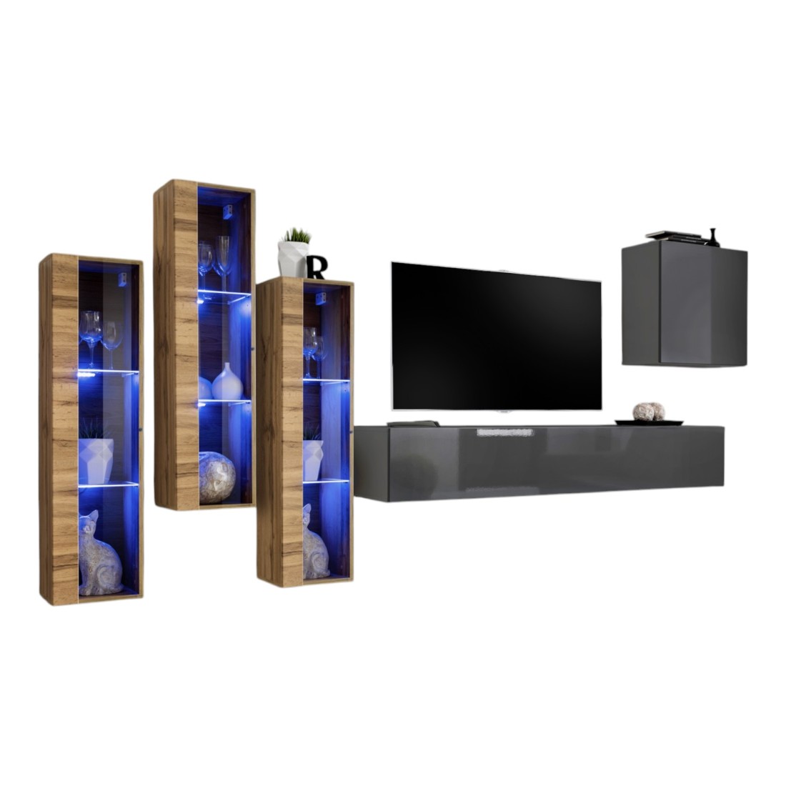 Mobile da soggiorno da parete SWITCH XIII design, colore grigio e rovere Wotan.