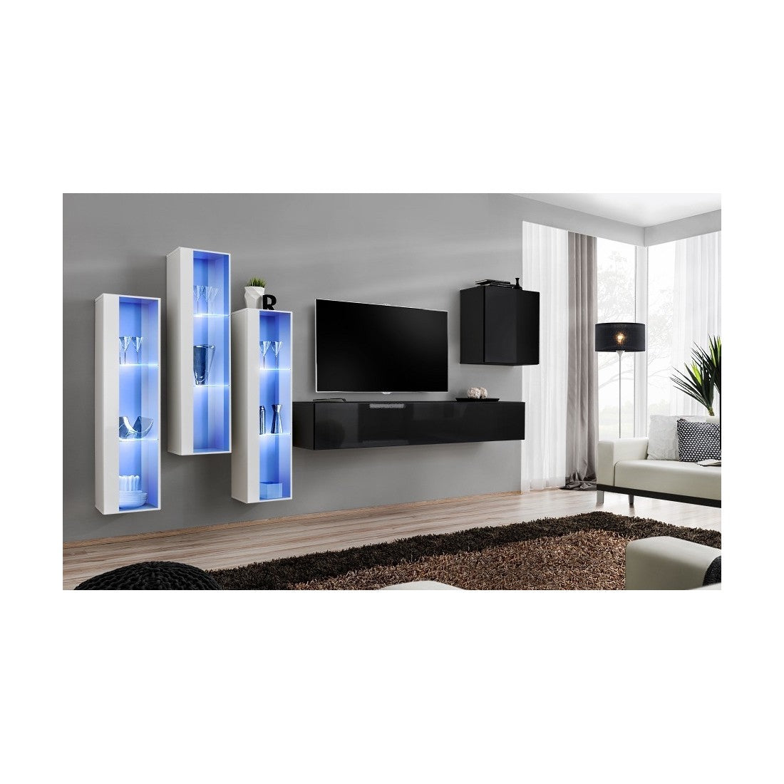 Set mobile da salotto da parete SWITCH XIII design, colore nero lucido e bianco.