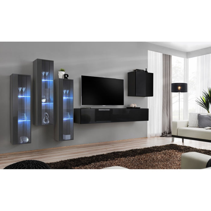 Mobile da soggiorno a parete SWITCH XIII design, colore nero lucido e grigio.