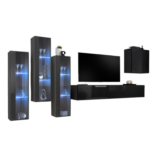 Mobile da soggiorno a parete SWITCH XIII design, colore nero lucido e grigio.