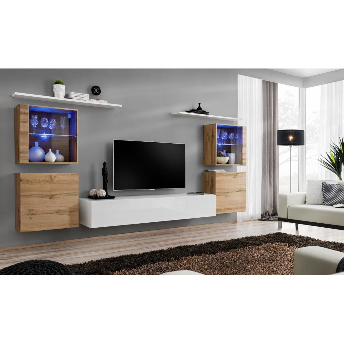 Set di mobili da parete per soggiorno SWITCH XIV design, colore bianco lucido e quercia Wotan.