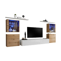 Set di mobili da parete per soggiorno SWITCH XIV design, colore bianco lucido e quercia Wotan.