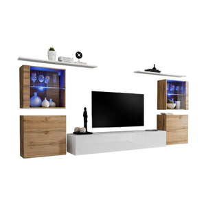 Set di mobili da parete per soggiorno SWITCH XIV design, colore bianco lucido e quercia Wotan.