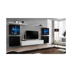 Set di mobili da parete per salotto SWITCH XIV design, colori bianco e nero lucido.