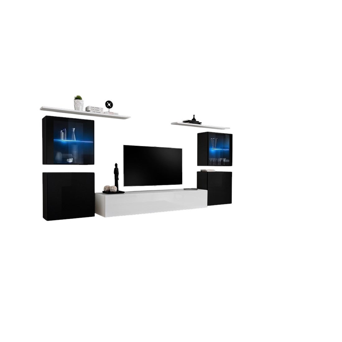 Set di mobili da parete per salotto SWITCH XIV design, colori bianco e nero lucido.