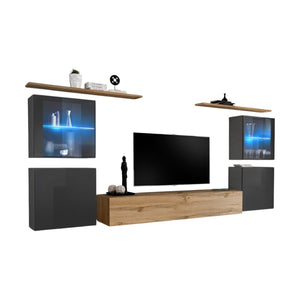 Set di mobili da parete per soggiorno SWITCH XIV design, colori rovere Wotan e grigio lucido.