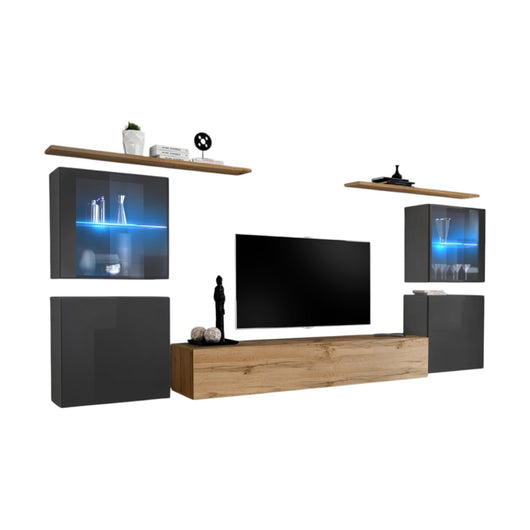 Set di mobili da parete per soggiorno SWITCH XIV design, colori rovere Wotan e grigio lucido.