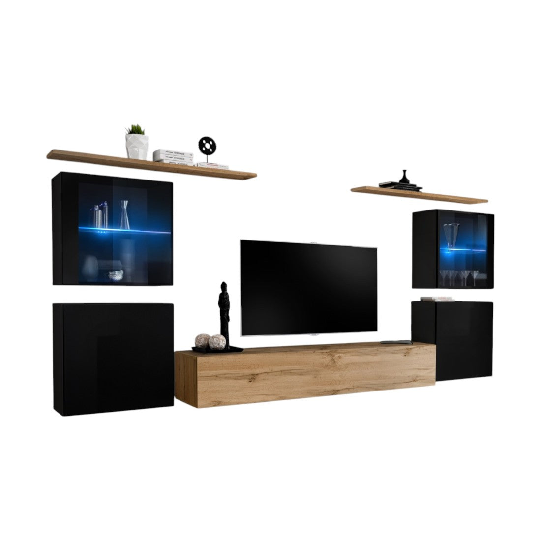 Mobile da soggiorno a parete SWITCH XIV design, colore rovere Wotan e nero lucido.