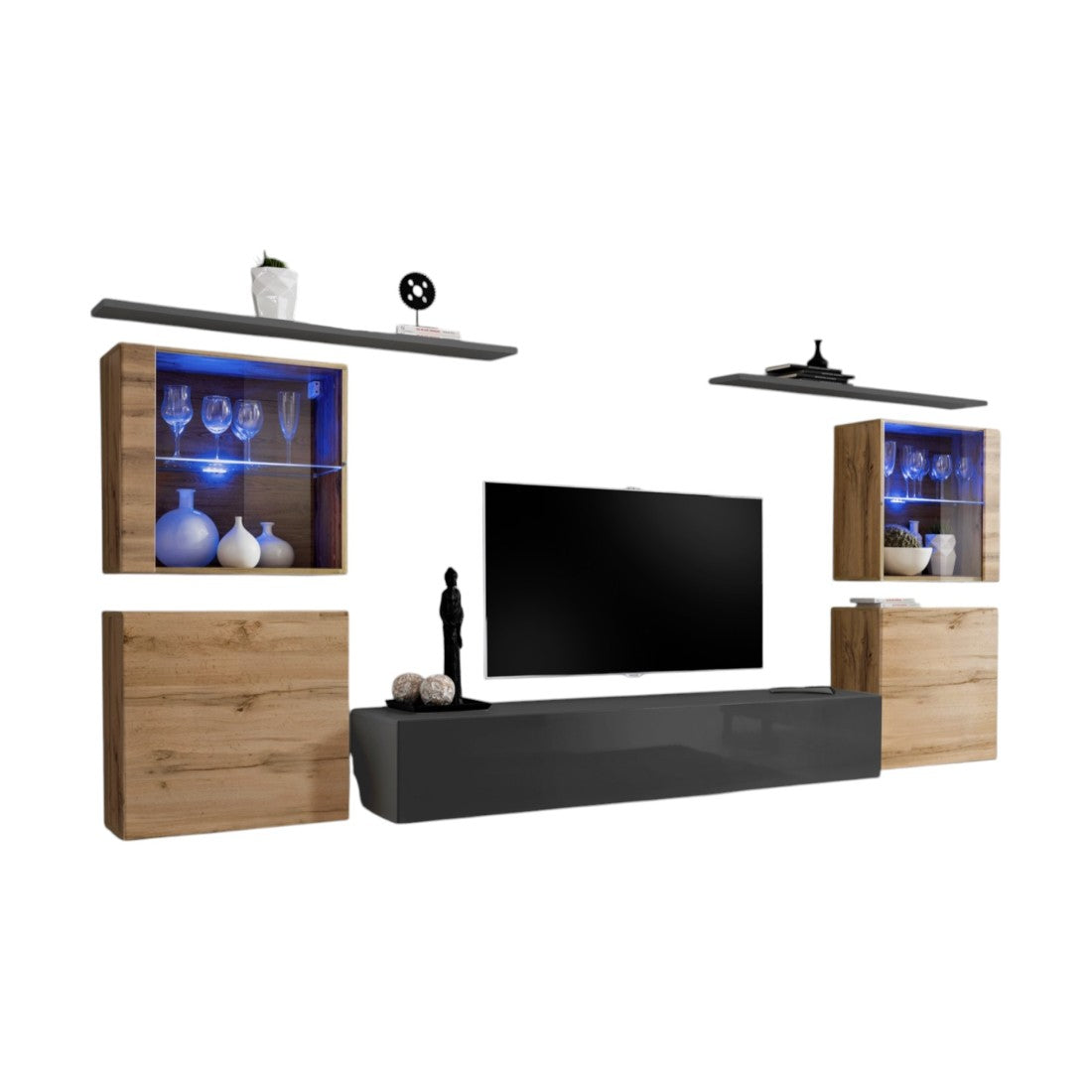 Set di mobili da salotto da parete SWITCH XIV design, colore grigio lucido e quercia Wotan.