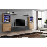 Set di mobili da salotto da parete SWITCH XIV design, colore grigio lucido e quercia Wotan.