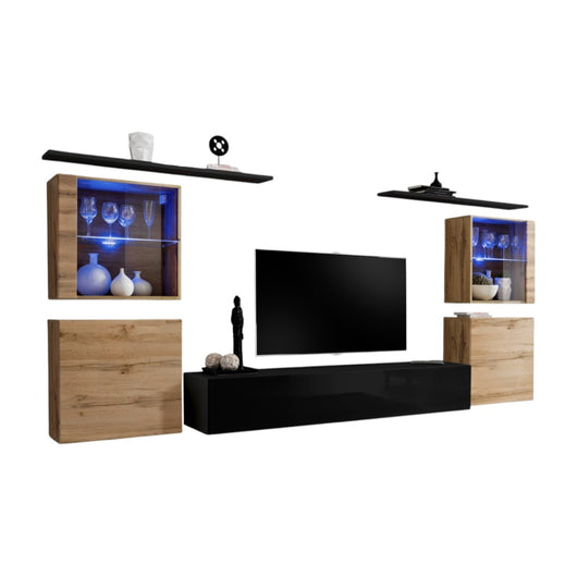 Mobile da salotto da parete SWITCH XIV design, colore nero lucido e rovere Wotan.