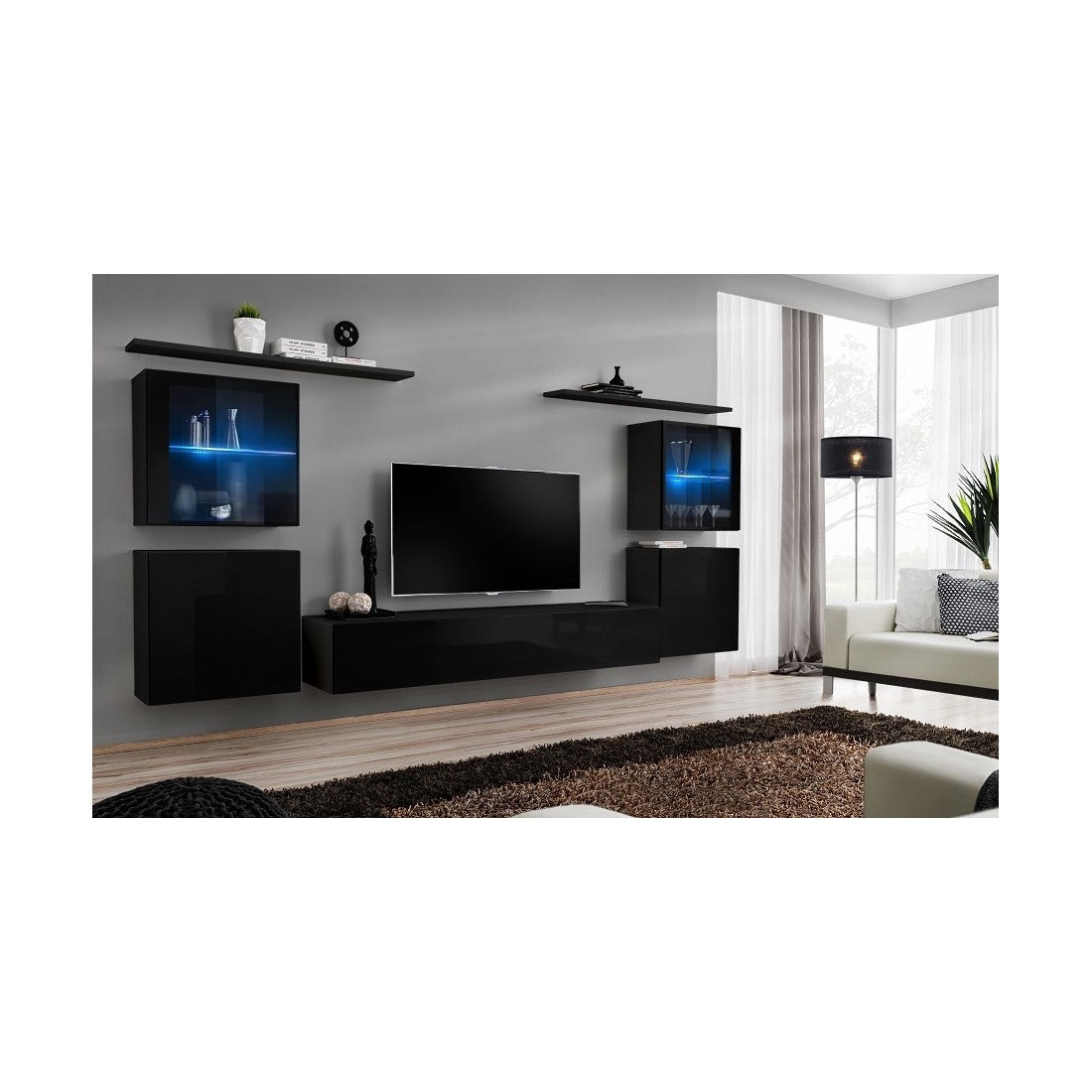Set mobile da parete per soggiorno SWITCH XIV design, colore nero lucido.