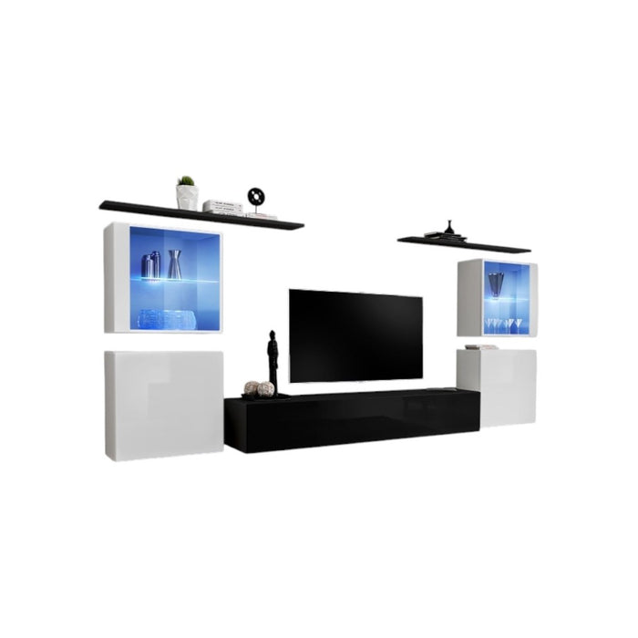 Set di mobili da parete per soggiorno SWITCH XIV design, colore nero e bianco lucido.