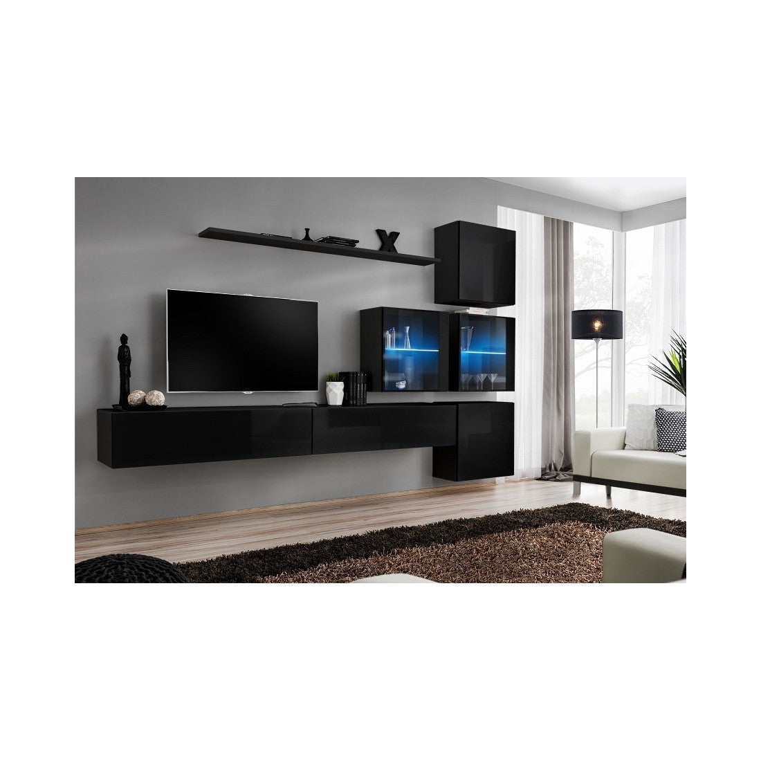 Set di mobili da salotto murali SWITCH XIX design, colore nero lucido.