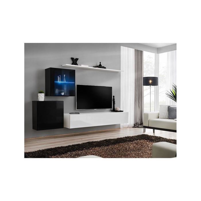 Set di mobili da parete per soggiorno SWITCH XV design, colore bianco e nero lucido.