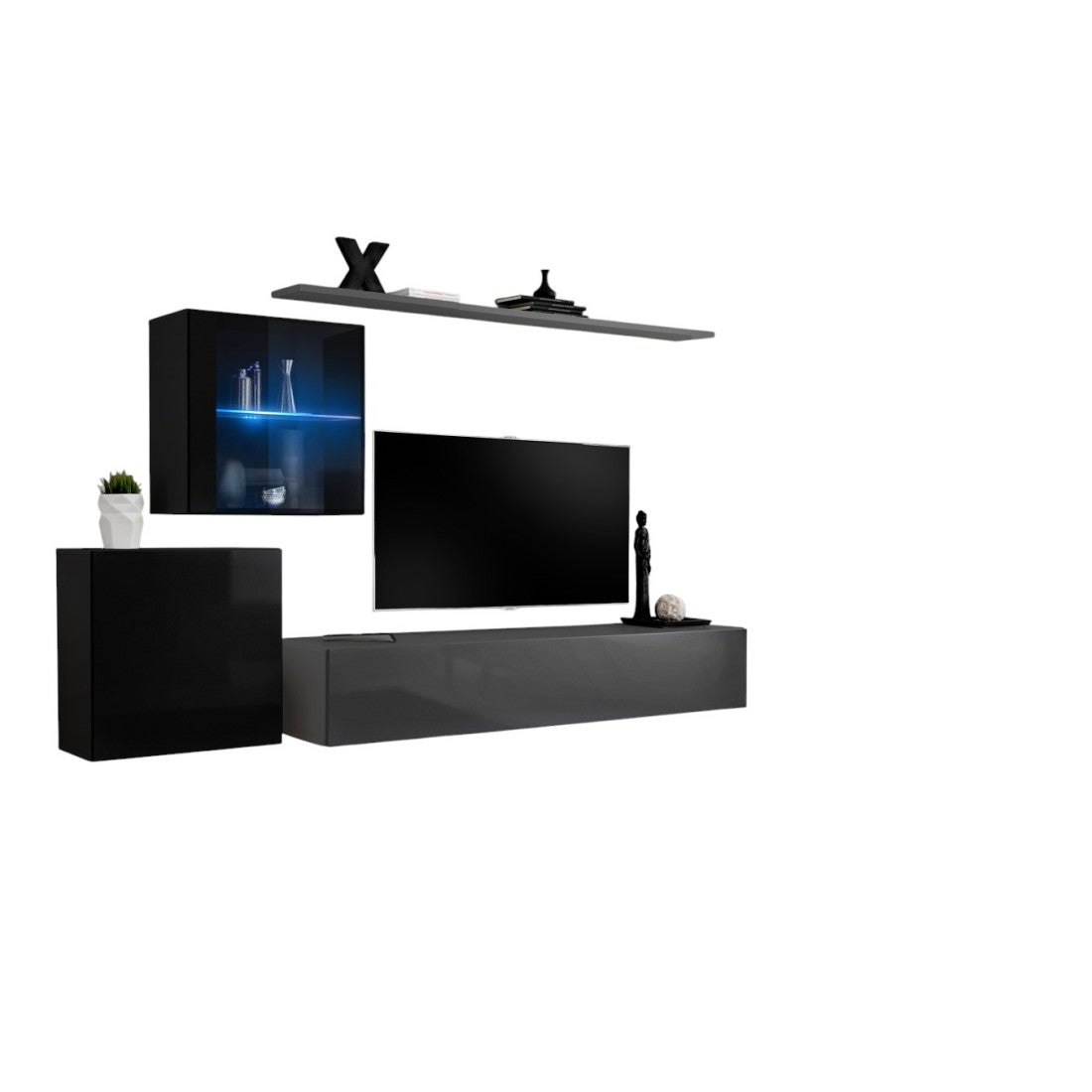 Set mobile da salotto murale SWITCH XV design, colore grigio e nero lucido.