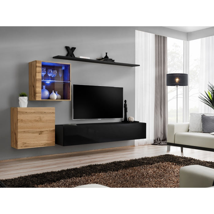 Mobile da salotto a parete SWITCH XV design, colore nero lucido e quercia Wotan.
