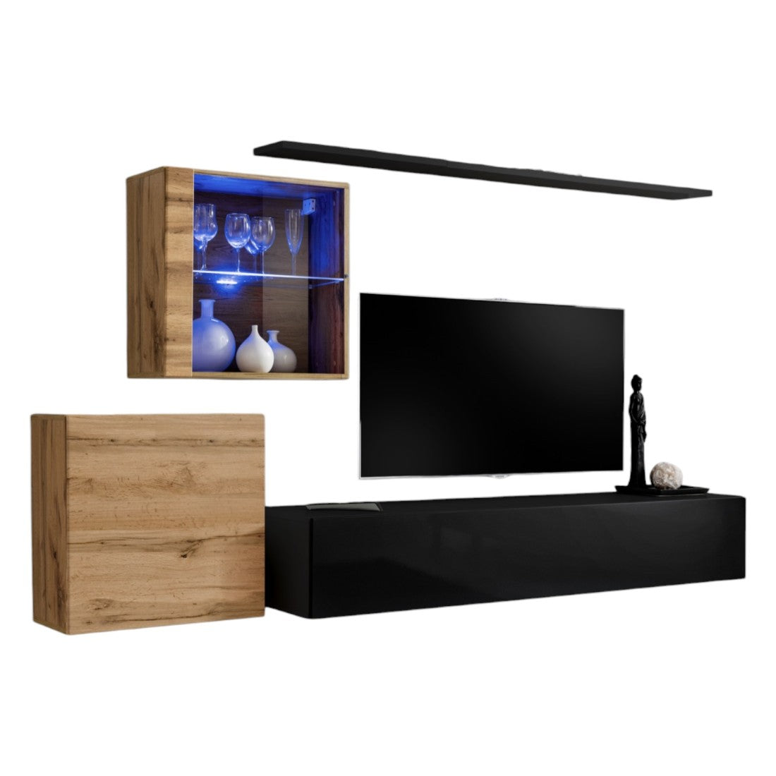 Mobile da salotto a parete SWITCH XV design, colore nero lucido e quercia Wotan.