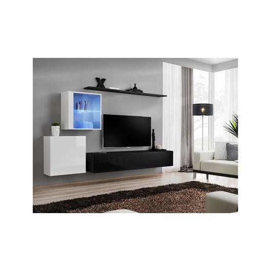 Insieme di mobili da salotto da parete SWITCH XV design, colori nero e bianco lucido.